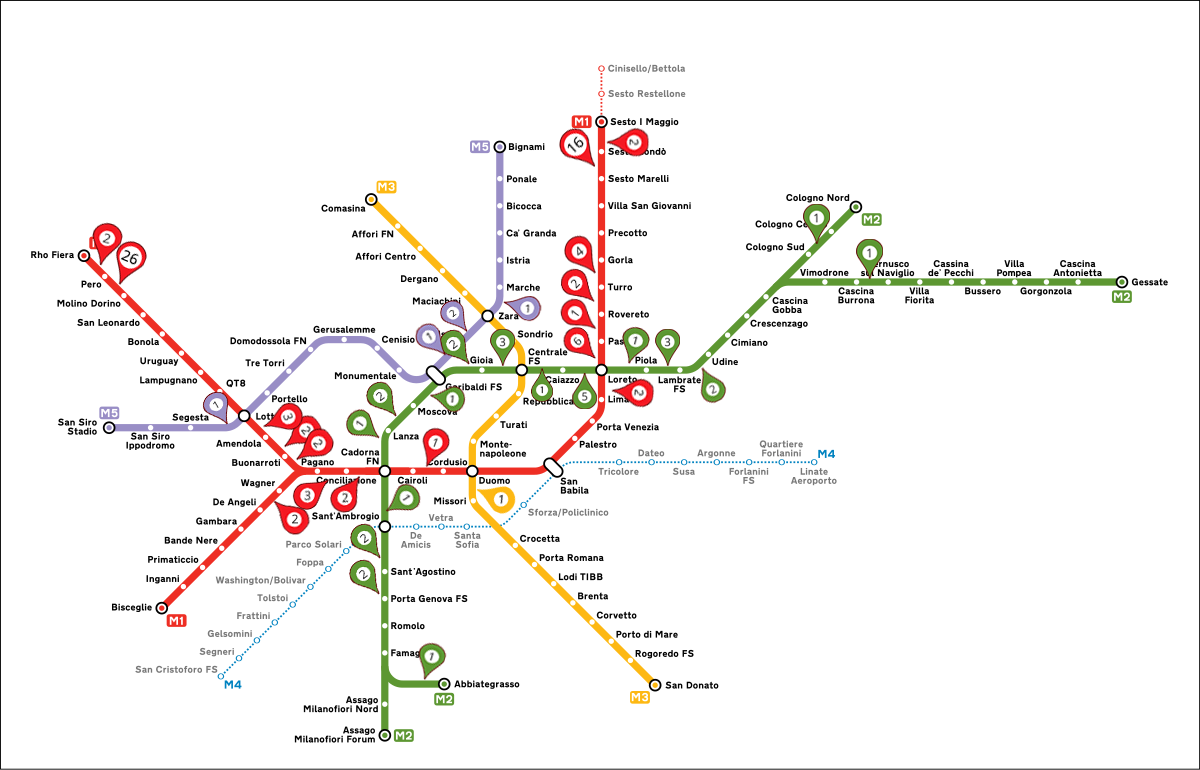 La rete della Metropolitana Milanese con indicati i punti delle lamentele per vibrazioni - Missione Rumore